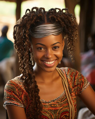 Sticker - African woman leisurely ds her hair around a hair pick creating a tighter and more intricate curl. With her heartshaped face and shining