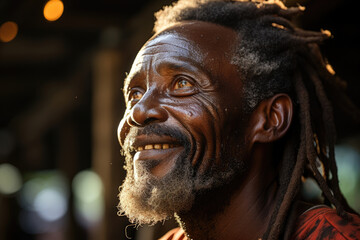 Sticker - African man pauses for a moment to admire his reflection in the mirror carving out paths in his facial hair with a steady hand. He