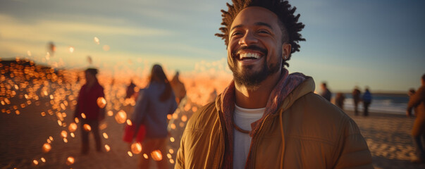 Wall Mural - A proud African American man embraces the wind while kiteflying on the beach manifesting a light and playful spirit.