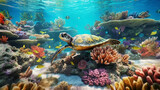 Fototapeta Do akwarium - Majestic sea turtle swims above colorful coral reefs with small fishes