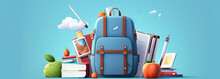 A Backpack Filled With School Supplies And An Apple, Light Sky-blue And Gray