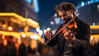 A photograph of a street musician playing the violin in a bustling city square