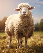 Generated Photorealistic Image Of A Well-groomed Domestic White Merino Sheep In A Field