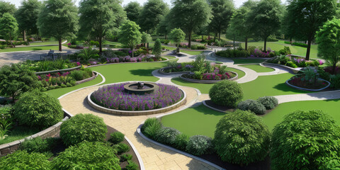 Photorealistic top view park environment with green grass and foliage