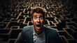 Being lost in a maze shocked face of a man dark background with a place for text 