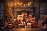 Fototapeta Przestrzenne - christmas tree with christmas gift stack in a cozy living room setting, with a warm fireplace glowing in the background, evoking the holiday spirit
