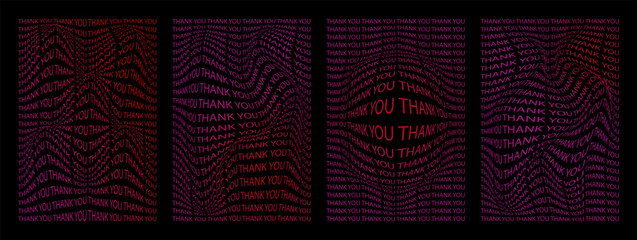 Set of distorted grid posters thank you phrases. y2k aesthetic, 90s, 00s retro style gradient posters isolated on black background. Vertical geometric banners. Vector illustration