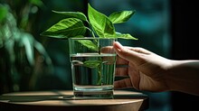 A Hand Holds A Green Plant In Front Of A Glass Of Wate