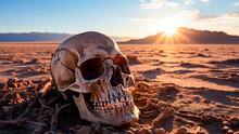 Human Skull On The Desert At Sunset. Halloween Concept.