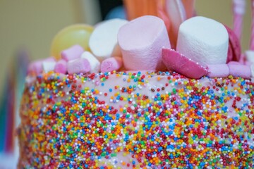 Wall Mural - Pink themed cake, decorated with pink and white marshmallows, sweets and sprinkles of all colours
