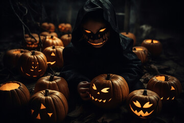 Ghost with luminous eyes on the background of pumpkins. Horror atmosphere for Halloween