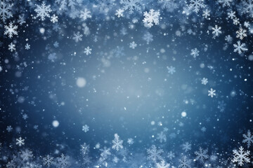 Many white snowflakes falling down on a dark blue background