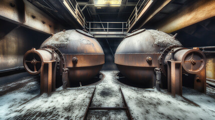 Poster - Illustration of abandoned rusty factory with copy space. Industrial indoor background.