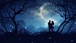 Silhouette of a happy couple facing each other under the moonlight, wishes for warm wedding embraces, layout for wedding marriage wishes and celebration background with copy space for text