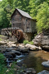 Sticker - Wooden house with a cascading stream running through a lush green forest in Babcock State Park