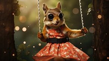 A Swinging Squirrel In A Polka-dot Dress And Sunglasses, Acrobatically Dancing Among The Trees. Animal Illustration, Fairy Tale Image. Generative AI.