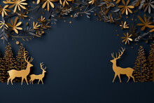 Paper Cut Style Christmas Themed Card With Golden Deer, Ornate
