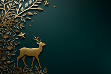 Paper Cut Style Christmas Themed Emerald Green Card With Golden Deer, Ornate