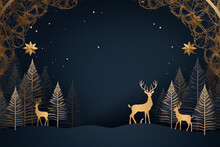 Paper Cut Style Christmas Themed Dark Blue Card With Golden Deer, Ornate