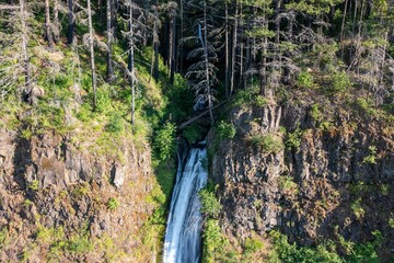 Sticker - a waterfall in the middle of a canyon in the woods