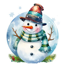 Christmas, Winter Snowman. Watercolor Illustration