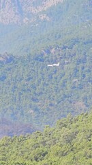 Wall Mural - Belarusian firefighting helicopter flyover canyon of green mountains with misty sky