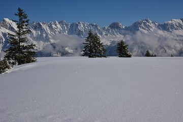 Canvas Print - Scenic winter landscape with a mountain range covered in snow in Zurich, Switzerland