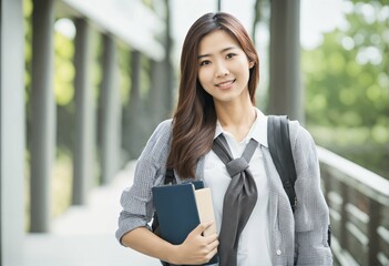 Wall Mural - Beautiful Asian student smiling on campus, copyspace