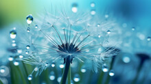 Dandelion Seeds In Droplets Of Water On Blue And Turquoise Beautiful Background With Soft Focus In Nature Macro. Drops Of Dew Sparkle On Dandelion In Rays Of Light.
