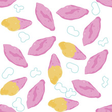 Set Of Vector Seamless Patterns With Japanese Sweet Potato Heads And Peels. Cute Design. Modern Bright Colors For Paper Covers, Fabrics, Interiors, Backgrounds, And Other Users.