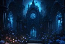 Gothic Cathedral With Blue Roses And Candlelight