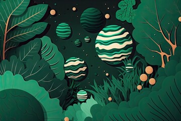 Wall Mural - A green image of a forest landscape with round striped balls in the sky