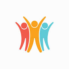 Iconic logo featuring three joyful persons celebrating together with raised arms