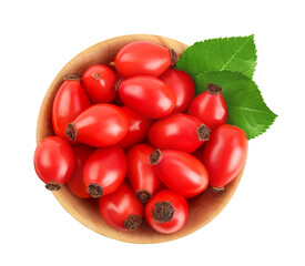 Wall Mural - Rose hip in wooden bowl isolated on a white background with full depth of field. Top view. Flat lay