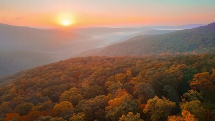 Wall Mural - Fog and misty Sunrise over autumn Arkansas ozark mountains with colorful fall forest trees