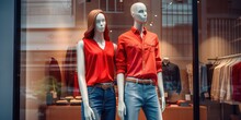 Two Mannequins Displaying Casual Clothes With Red Shirts And Blue Jeans On Window Shopping