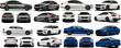 Vector Realistic illustration car collection with gray, blue and white colors with gradients and shadow, in front, back, side and isometric view, all cars are manually traced