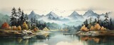 Fototapeta Natura - Mountain Peaks minimalist watercolor landscape art