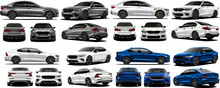 Vector Realistic Illustration Car Collection With Gray, Blue And White Colors With Gradients And Shadow, In Front, Back, Side And Isometric View, All Cars Are Manually Traced