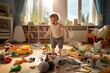 © Romana - a playful hyperactive cute white toddler cleaning up the toys after misbehaving and making a huge mess in a living-room, throwing around things and shredding paper. Studio light.