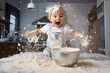 © Romana - a playful hyperactive cute white toddler child misbehaving and making a huge mess in a kitchen, throwing around things, flour and dough or sand and food