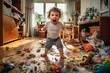 © Romana - a playful hyperactive cute white toddler cleaning up the toys after misbehaving and making a huge mess in a living-room, throwing around things and shredding paper. Studio light.
