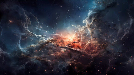 Wall Mural - Space scene with stars, planets and asteroids in the galaxy. Panorama. Universe filled with stars, planets, asteroids, nebula and galaxy. Cosmic dust and fog. Generative AI technology.