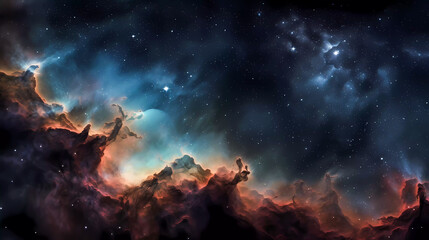 Wall Mural - Space scene with stars, planets and asteroids in the galaxy. Panorama. Universe filled with stars, planets, asteroids, nebula and galaxy. Cosmic dust and fog. Generative AI technology.