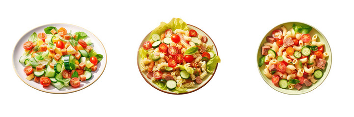 Poster - Healthy salad with lettuce cucumber and tomato on a blue plate Pasta with meat tomato sauce and veggies