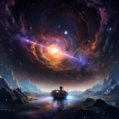 Wall Mural - Envision a spacecraft sailing through the cosmos, its sails powered by starlight, as cosmic wonders and vibrant nebulae paint the backdrop of an interstellar journey Generative Generative AI