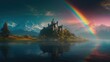 Magical kingdom surrounded by a rainbow. Generative AI