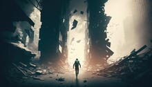 Man Standing In The Middle Of An Apocalypse. Generative AI