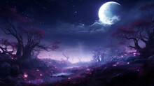 A Dreamy Purple Fantasy Landscape Seen By The Light Of A Full Moon