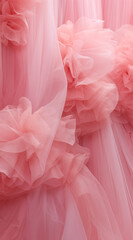 Pink tulle material background, pastel colors, romantic and delicate drapery. 